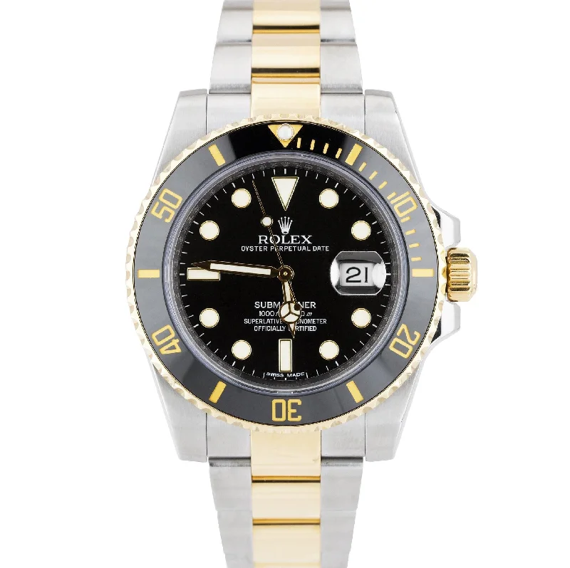 Custom Engraved Luxury Watches-MINT Rolex Submariner Date Ceramic Two-Tone Gold Black Dive Watch 116613 LN