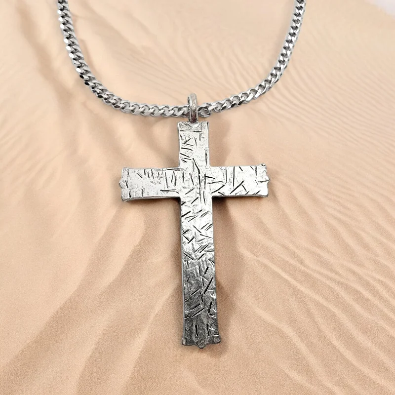 Nature-Inspired Necklaces-Hammered Cross Antique Silver Metal Finish Chain Necklace