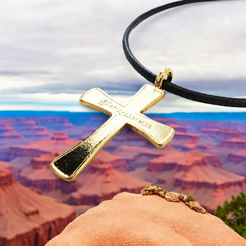 Trendy Charm Necklaces-Cross Forgiven Gold Metal Finish Black Cord Necklace