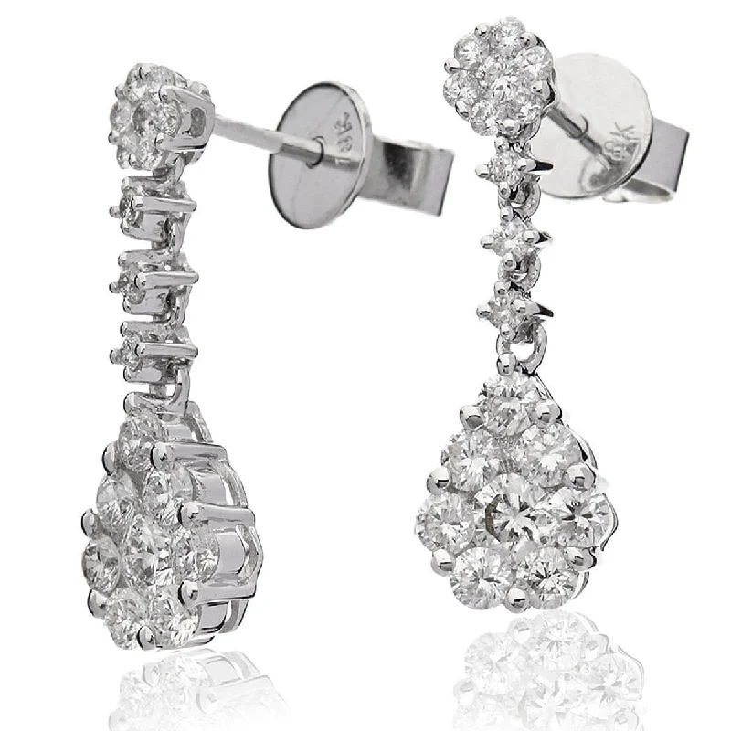 Cheap Fashion Earrings-DIAMOND CLUSTER DROP EARRINGS IN 18K WHITE GOLD