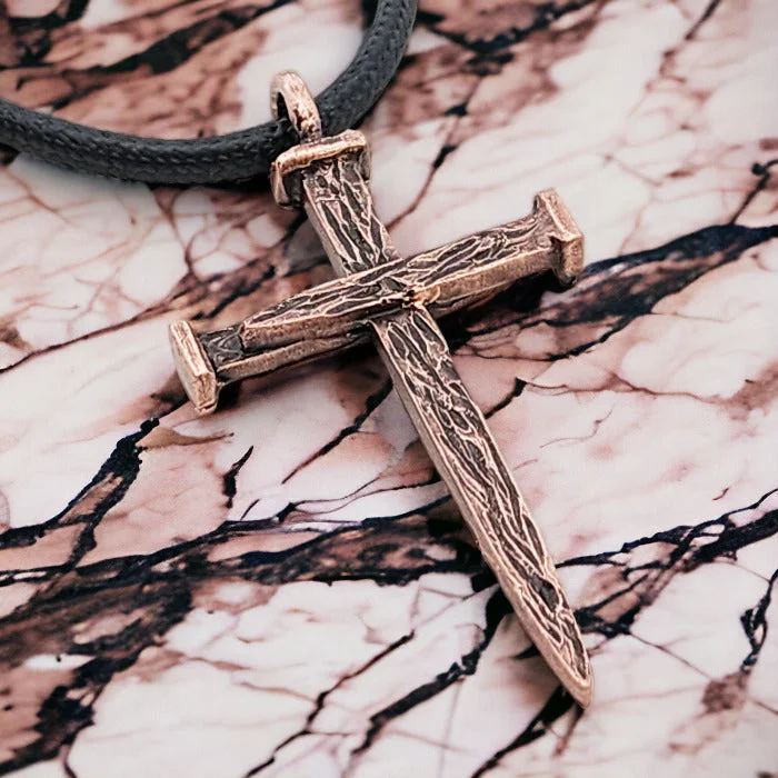 Simple Gemstone Choker Necklaces-Nail Cross Large Rugged Antique Copper Finish Pendant Black Cord Necklace