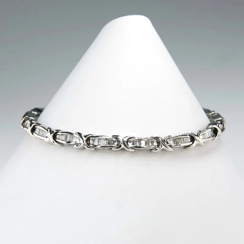 Silver Tennis Bracelets-Baguette Diamond X and Bar Tennis Bracelet in 10K White Gold