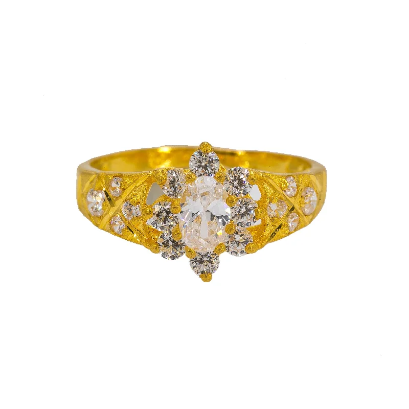 Black Diamond Rings-22K Yellow Gold Women's CZ Ring W/ Oval CZ Gem & Engraved Encrusted Shank