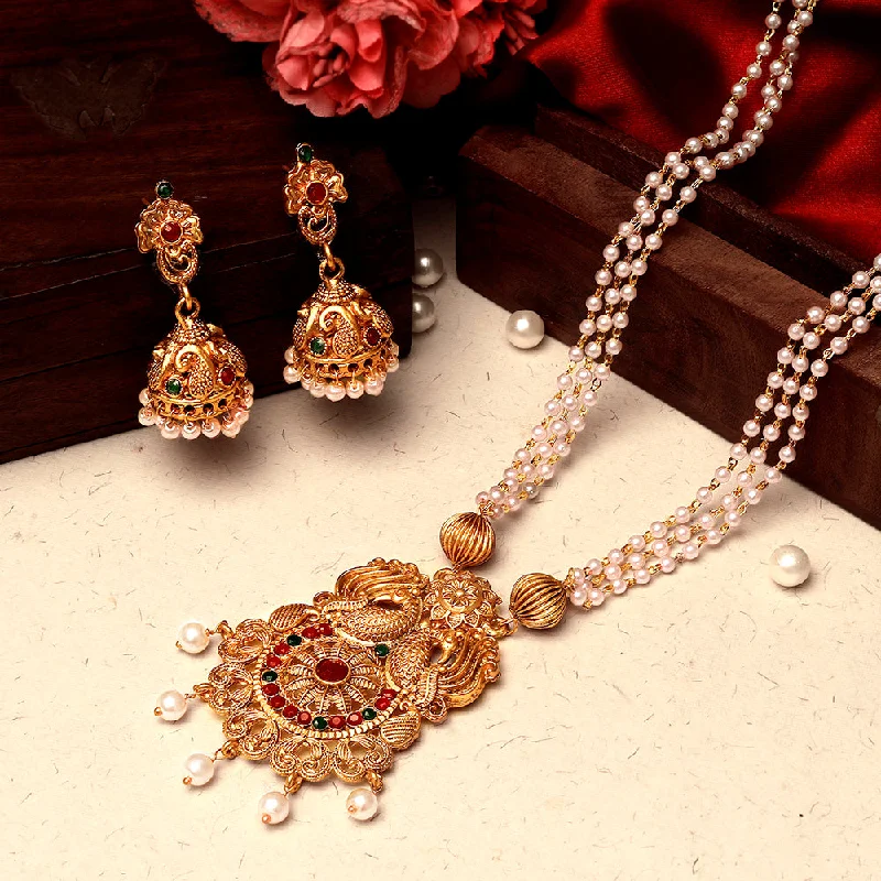 Trendy Charm Necklaces-Shrishti Fashion Traditional Peacock Gold Plated Long Haram Necklace set For Women