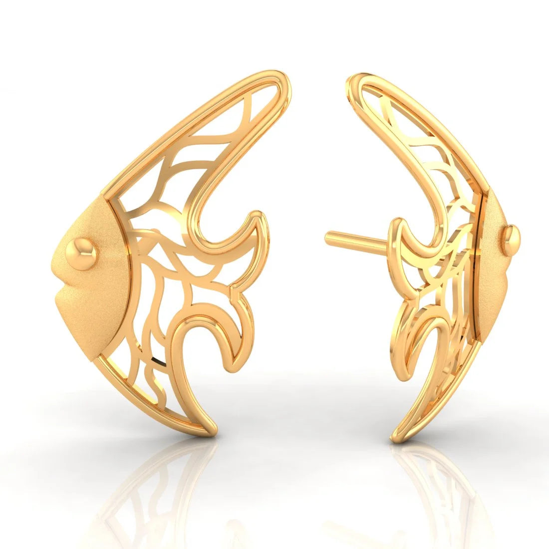 Diamond Stud Earrings-22KT (916) Yellow Gold Fish Stud Earrings With Intricate Cut-out Pattern