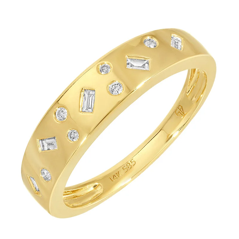 Classic Silver Rings-14K YG Band With Inlay Diamond Ring