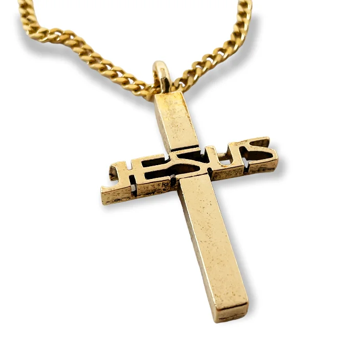 Customizable Necklaces for Bridesmaids-Jesus Cross Gold Finish Pendant Gold Chain Necklace