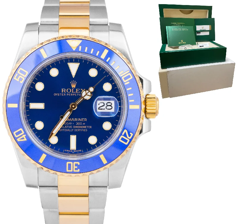 Classic Automatic Watches for Men-MINT 2016 Rolex Submariner Date Ceramic Two-Tone Gold Blue Watch 116613 LB B+P