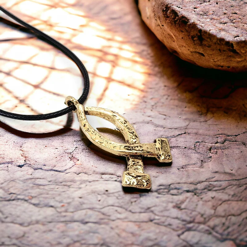 Small Pendant Necklaces-Ichthus Gold Finish Fish Hammered Nails Large Black Rubber Necklace