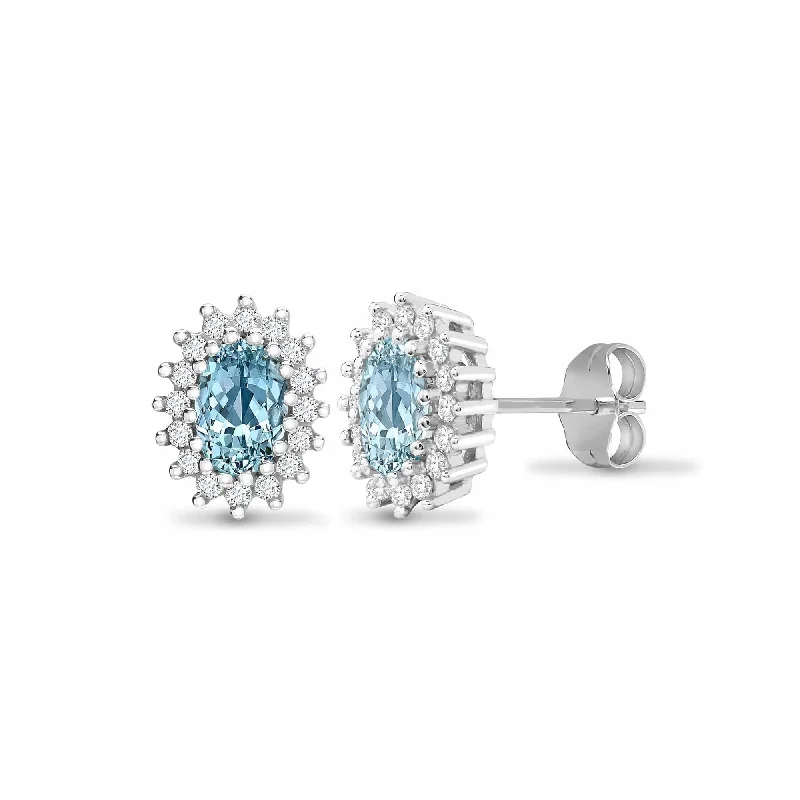 White Pearl Earrings-BLUE TOPAZ HALO STUD EARRINGS IN 9K WHITE GOLD