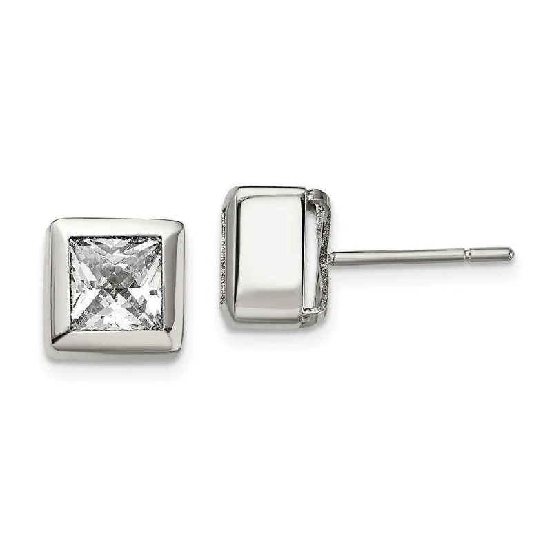 Stud Earrings for Women-Stainless Steel Polished Square CZ Post Earrings