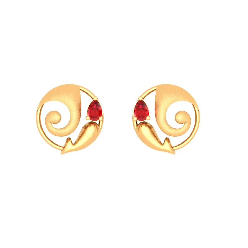 Wedding Earrings for Guests-14k Lord Ganesha Themed Gold Earrings With Red Gemstone From Online Exclusive