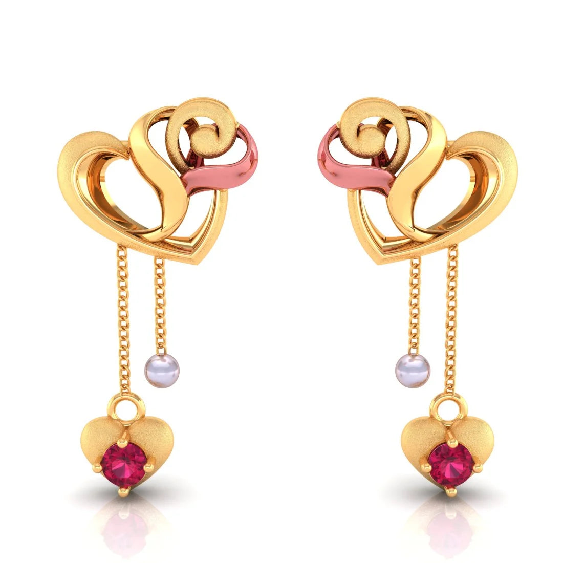 Statement Earrings for Weddings-22k (916) Gold Earrings Having Interlocking Hearts Design With Heart And Pearl Danglers