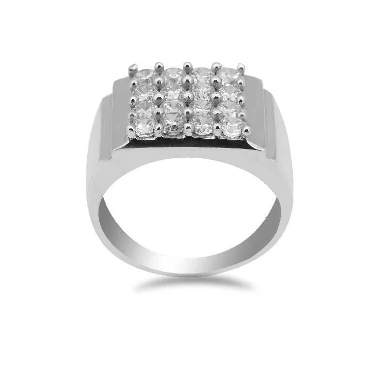 Vintage Promise Rings-22K White Gold Ring W/ Cubic Zirconia Pavé for Men