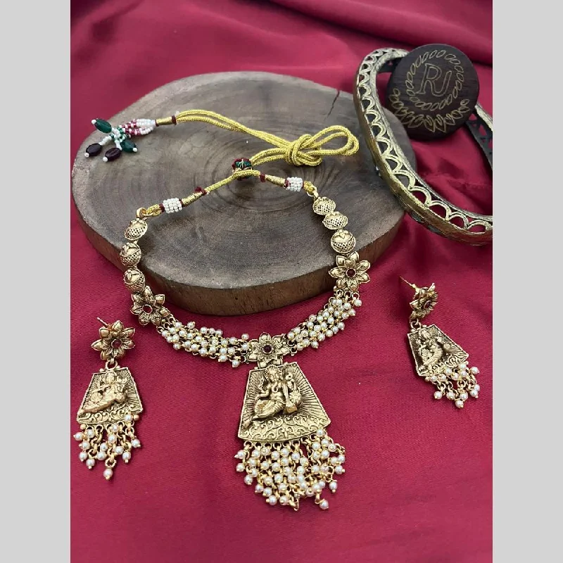 Beautiful Gold Chain Necklaces-FS Collection Gold Plated Pota Stone And Pearls Lord Ganesha Necklace Set