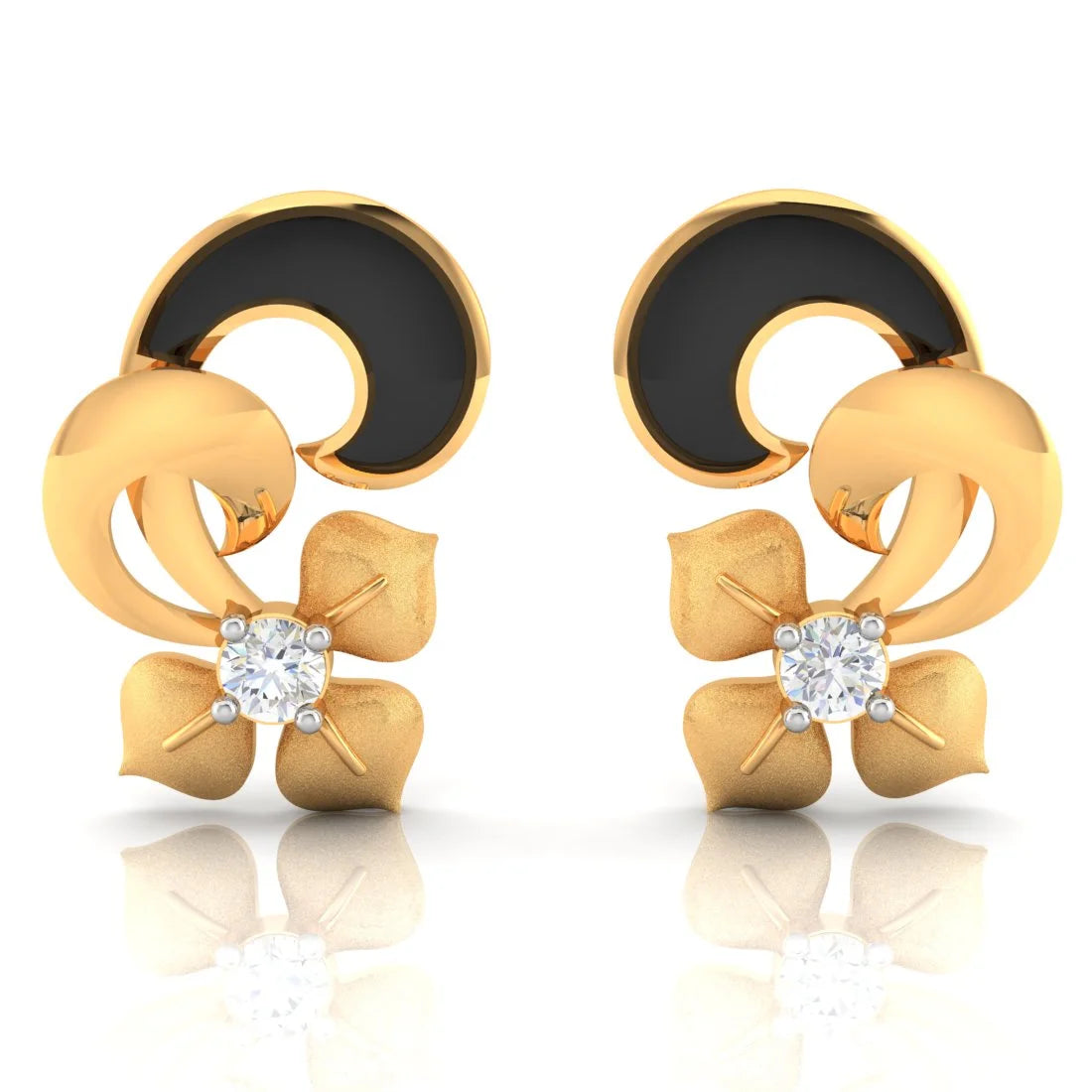 Minimalist Gold Earrings-22k (916) Gold Earrings Floral Leaves Studs With Black Meena And Embedded Stones