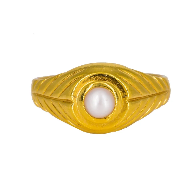 Vintage Engagement Rings-22K Yellow Gold Men's Ring W/ Precious Pearl & Artisanal Leaf Details