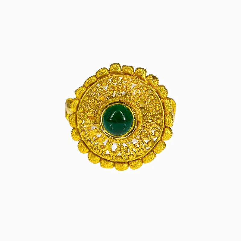 Vintage Diamond Rings-22K Yellow Gold Adjustable Shield Ring W/ Emerald & Rope Accents