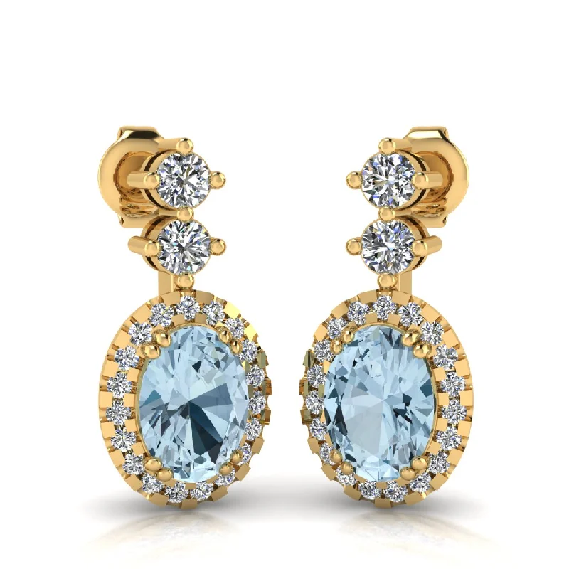 Floral Earrings for Women-Aquamarine 1.40 Carat Oval Shape Halo Natural Diamond Drop Earrings E1OCA