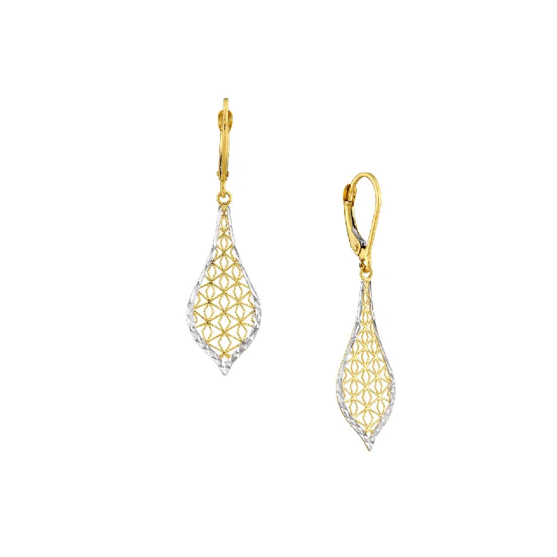 Multi-Strand Earrings-14K Two Tone Yellow and White Gold Filigree Teardrop Dangle Earrings