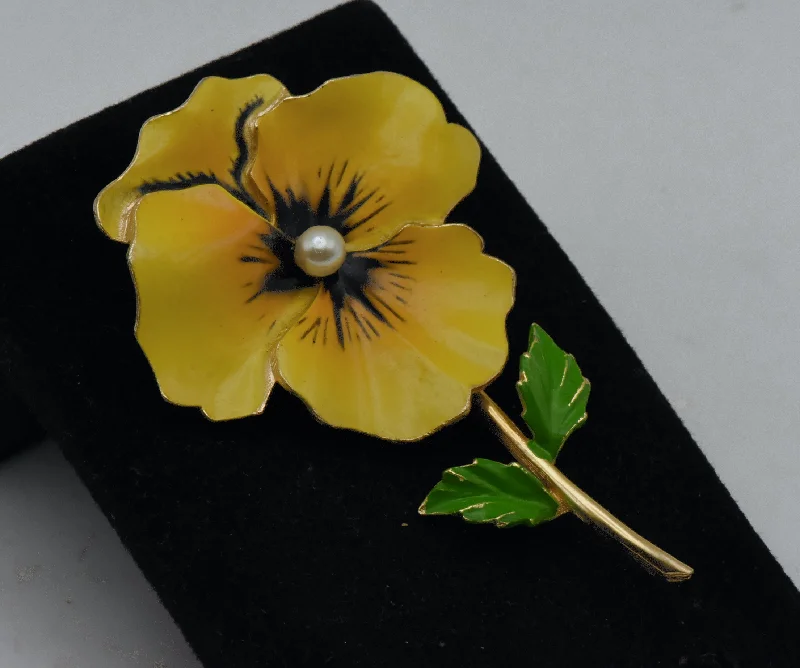 Handmade Floral Brooch-Vintage Yellow Pansy Gold Tone Metal Enamel with Faux Pearl Brooch