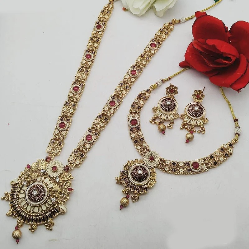 Unique Crystal Necklaces-FS Collection Gold Plated Pota Stone Double Meenakari Necklace Set