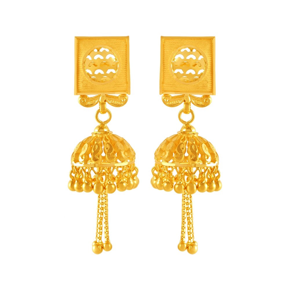 Beautiful Dangle Earrings-22KT (916) Yellow Gold Square Top Jhumka Gold Earrings