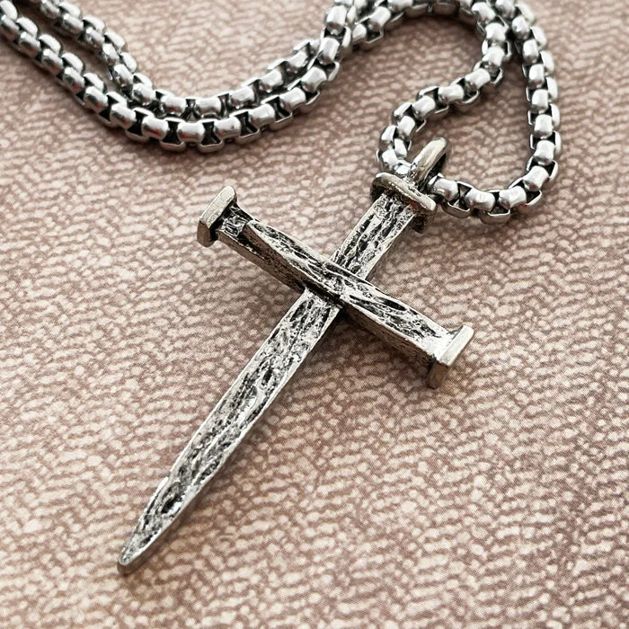 Unique Necklace Designs-Nail Cross Large Rugged Antique Silver Finish Pendant Heavy Chain Necklace