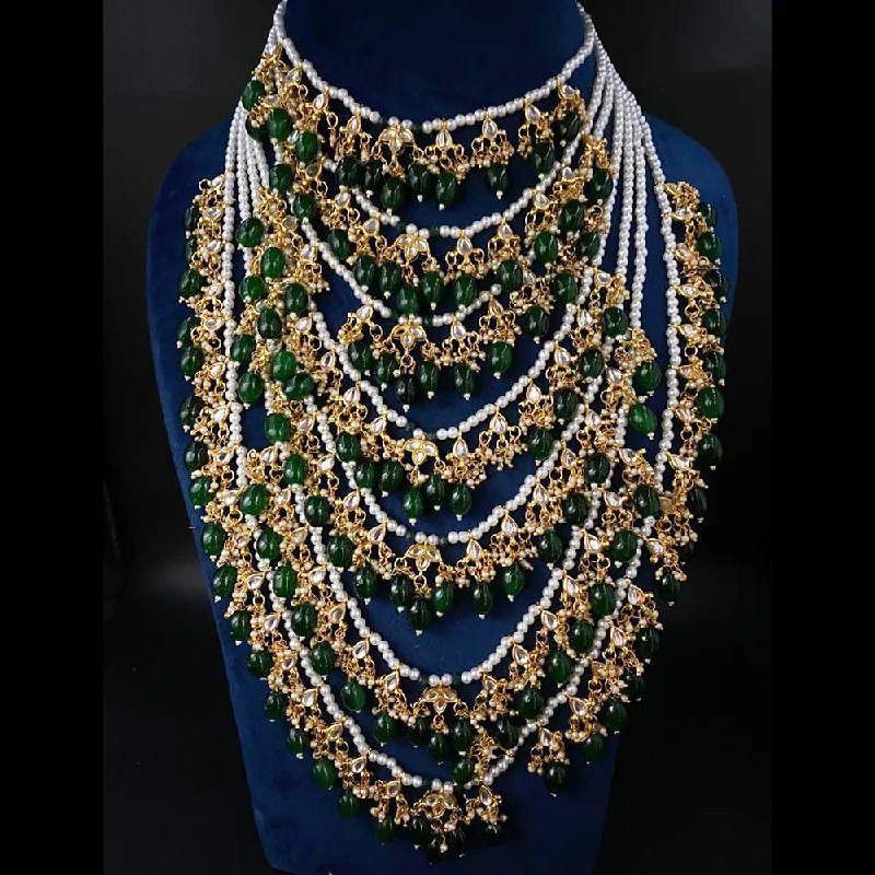 Art Deco Necklaces-Shagna Gold Plated Kundan Pearl And Beads Multi Layer Necklace Set