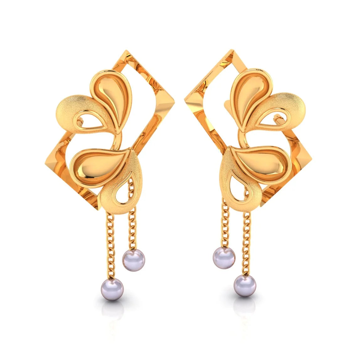 Large Drop Earrings-18k (750) Gold Earrings Having Framed Floral Studs With Pearl Dangles