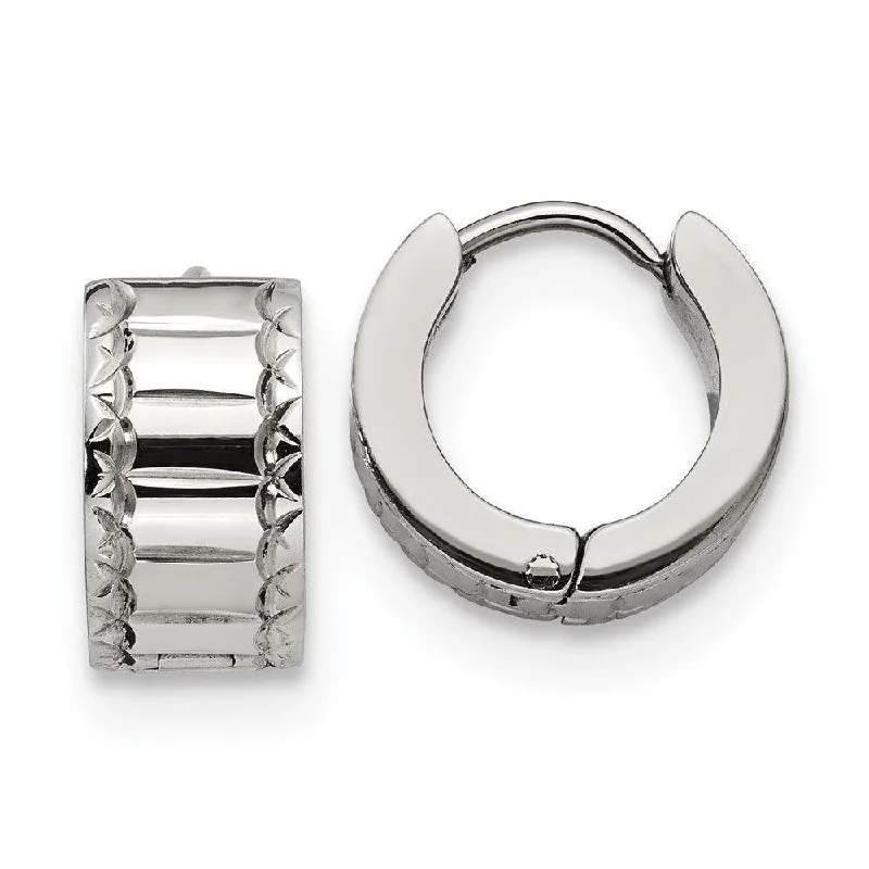 Classic Silver Earrings-Stainless Steel Patterned Hinged Hoop Earrings