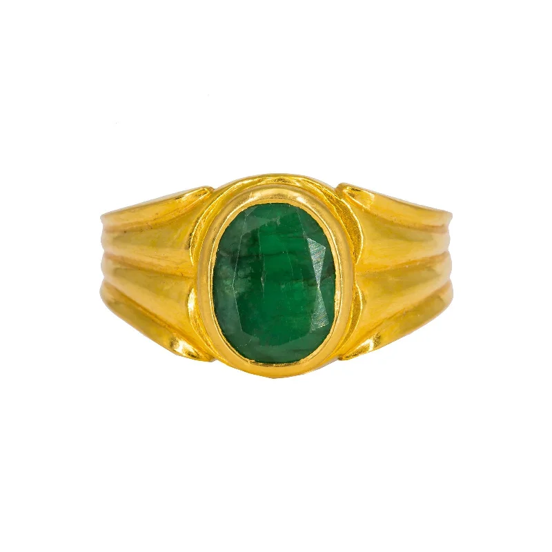 Unique Gemstone Rings-22K Yellow Gold Men's Ring W/ Emerald & Vintage Ribbed Setting