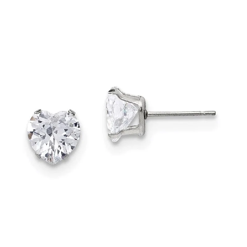 Precious Stone Earrings-Stainless Steel Polished 8mm Heart CZ Stud Post Earrings