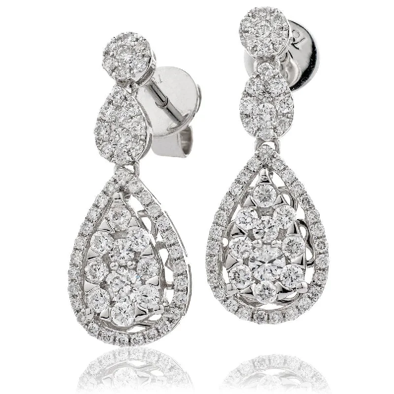 Fashion Earrings for Special Occasions-DIAMOND CLUSTER DROP EARRINGS IN 18K WHITE GOLD