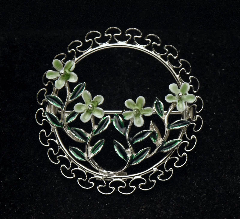 Luxury Gemstone Brooch for Wedding-Beau - Vintage Sterling Silver and Enamel Floral Brooch