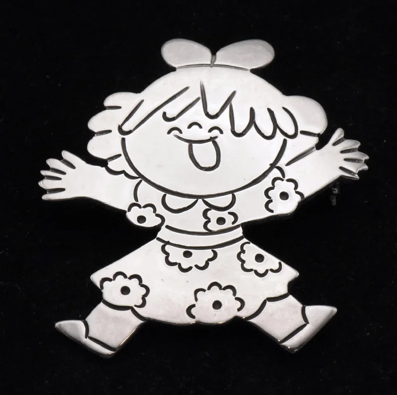 Retro Crystal Brooch for Fashion-Sterling Silver Happy Jumping Little Girl Mexican Brooch/Pendant