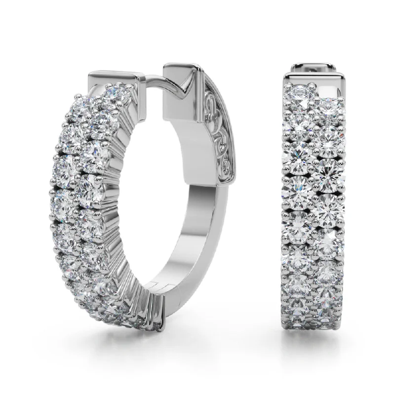 Silver Hoops Earrings-14K Double Row Vault Lock Diamond Earring Hoops