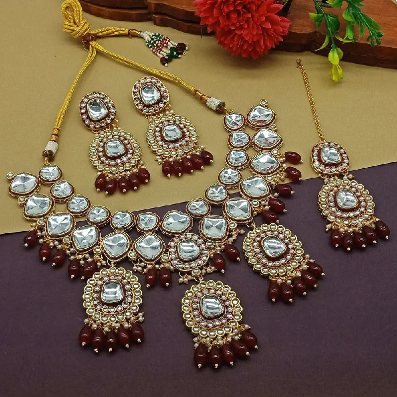 Fashionable Boho Necklaces-Gehana Mahal Gold Plated Kundan Stone Necklace Set