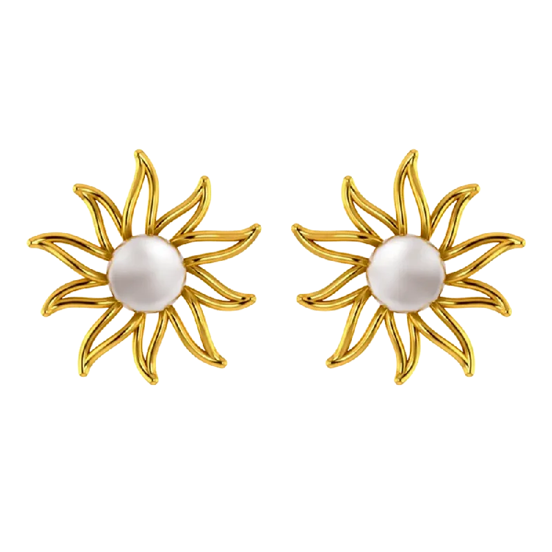 Chic Crystal Earrings-14k Gold Earrings In The Shape Of A Sun With Pearl Design