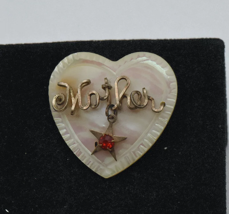 Vintage Brooch with Pearls-Vintage Handmade Mother of Pearl "Mother" Heart Brooch