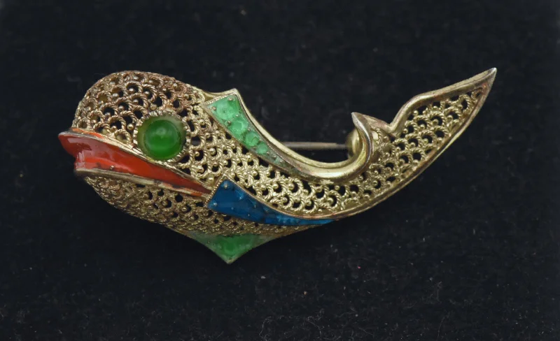 Gold-Plated Flower Brooch-Willi Nonnemann - Vintage German Sterling Silver and Enamel Filigree Brooch