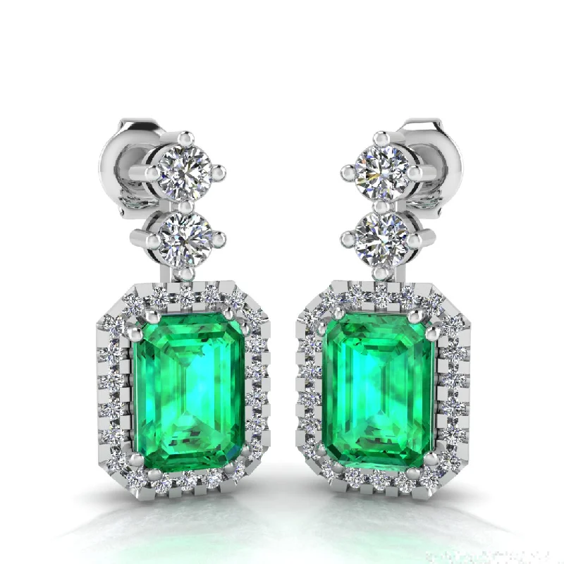 Large Hoop Earrings for Women-Emerald Cut 1 Carat Emerald Lab Grown Diamond Halo Drop Earrings E1ECE