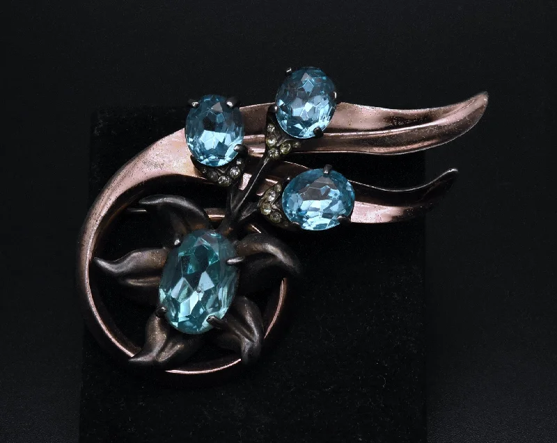 Unique Gemstone-Studded Brooch-Sterling by Glamour - Vintage Sterling Silver and Rhinestones Floral Brooch