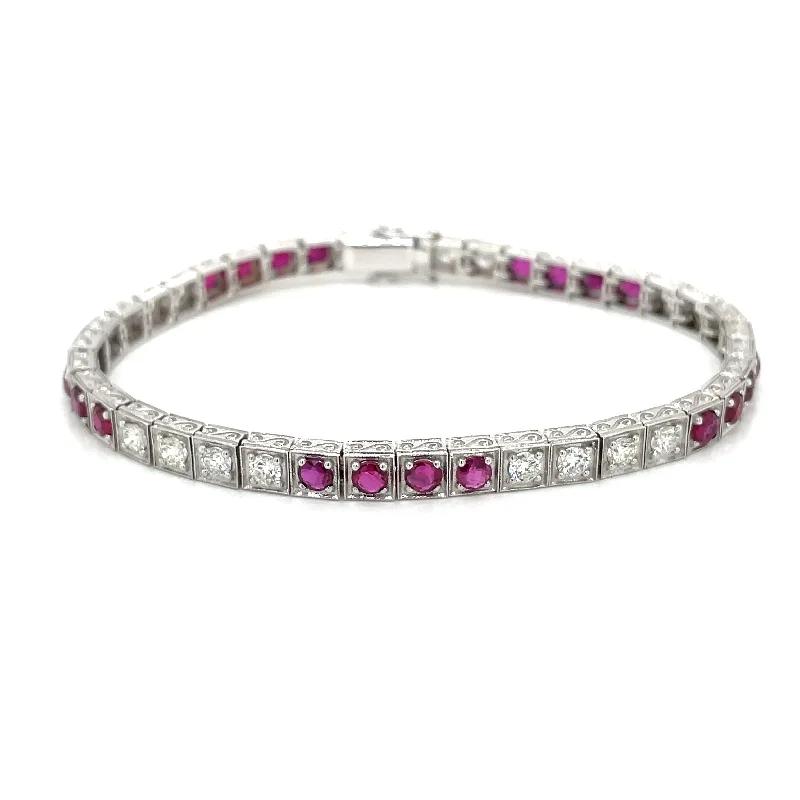 Pearl Charm Bracelets-Estate Diamond Ruby Engraved Tennis Gold Bracelet