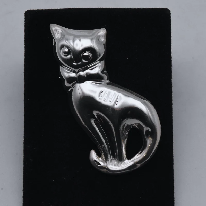 Custom Animal Brooch-Vintage Handmade Sterling Silver Bow Tie Cat Brooch