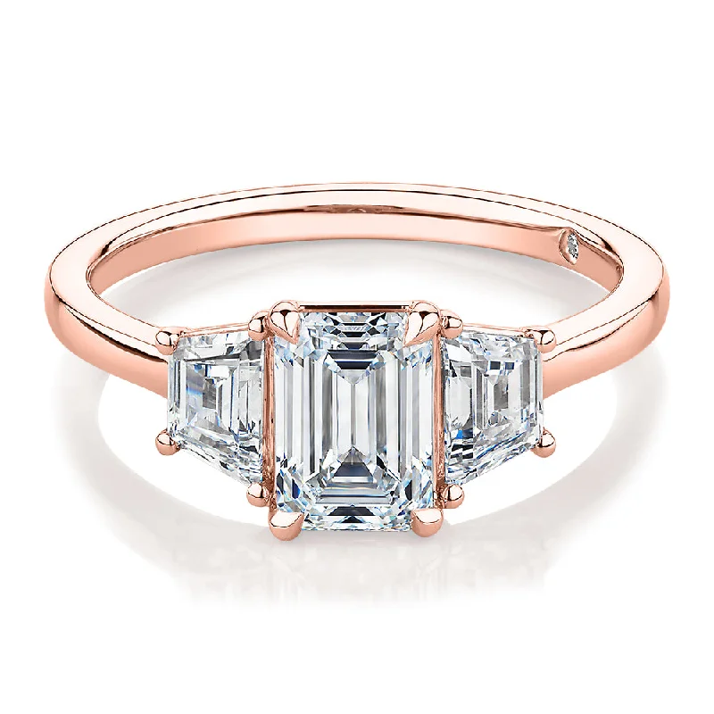 Classic Platinum Wedding Bands-Signature Simulant Diamond 1.87 carat* TW emerald cut three stone ring in 14 carat rose gold