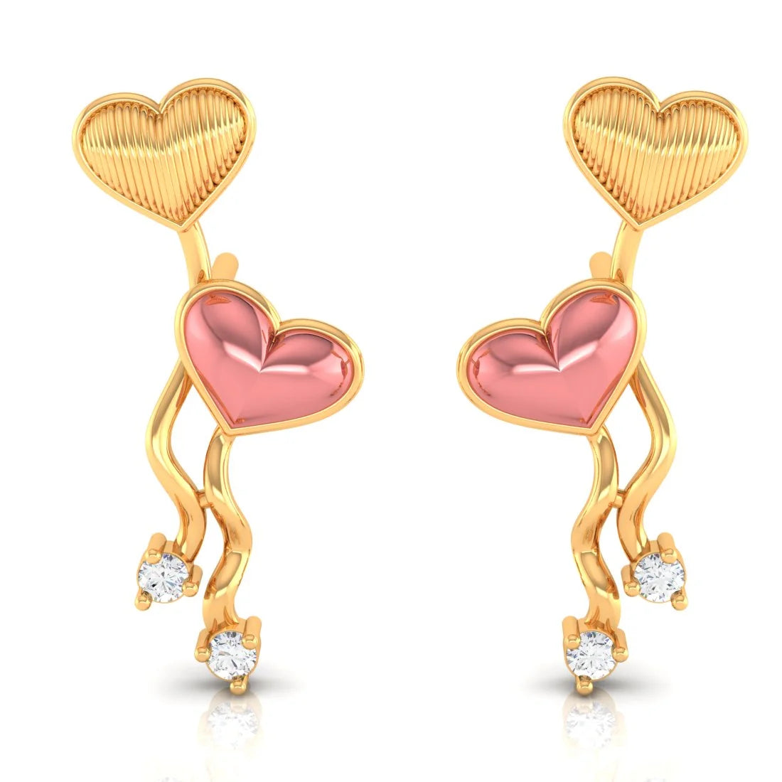 Elegant Stud Earrings-22k (916) Gold Earrings With Floating Hearts Design And Embedded Stones