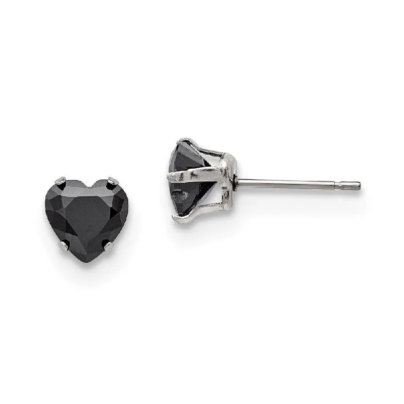 Silver Oval Earrings-Stainless Steel Polished 7mm Black Heart CZ Stud Post Earrings