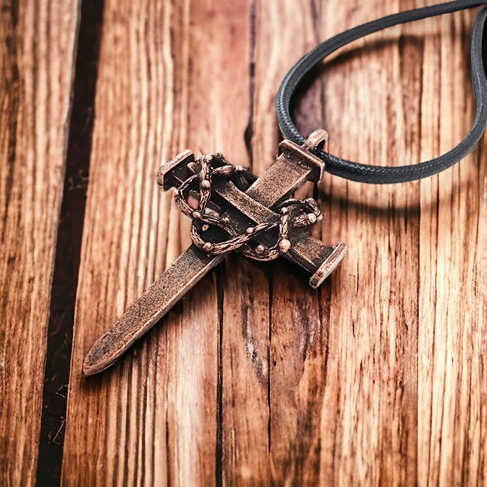 Handcrafted Silver Necklaces-Nail Crown Cross Necklace Large Cross Antique Copper Metal Finish