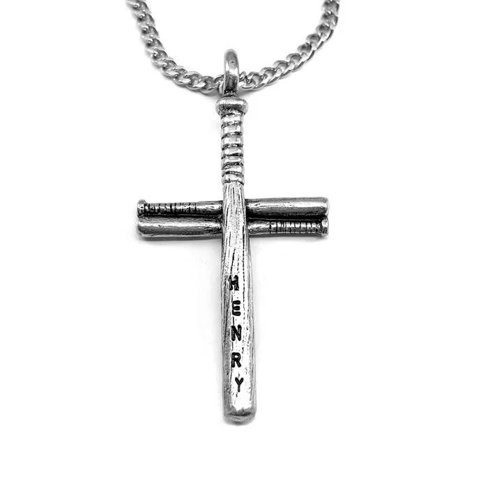 Vintage Necklace Sets-Baseball Softball Personalized Bat Cross Necklace Pewter on chain